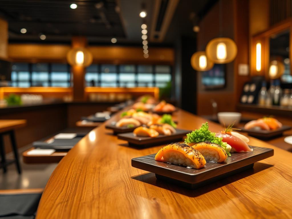 Balcão de sushi em madeira